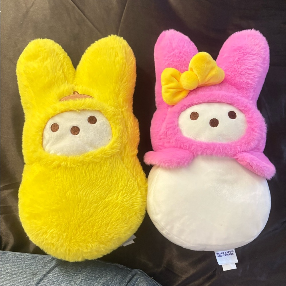 Cute Yellow and Pink Sanrio Bunny Plush Peep Set - Pompompurin & My Melody-